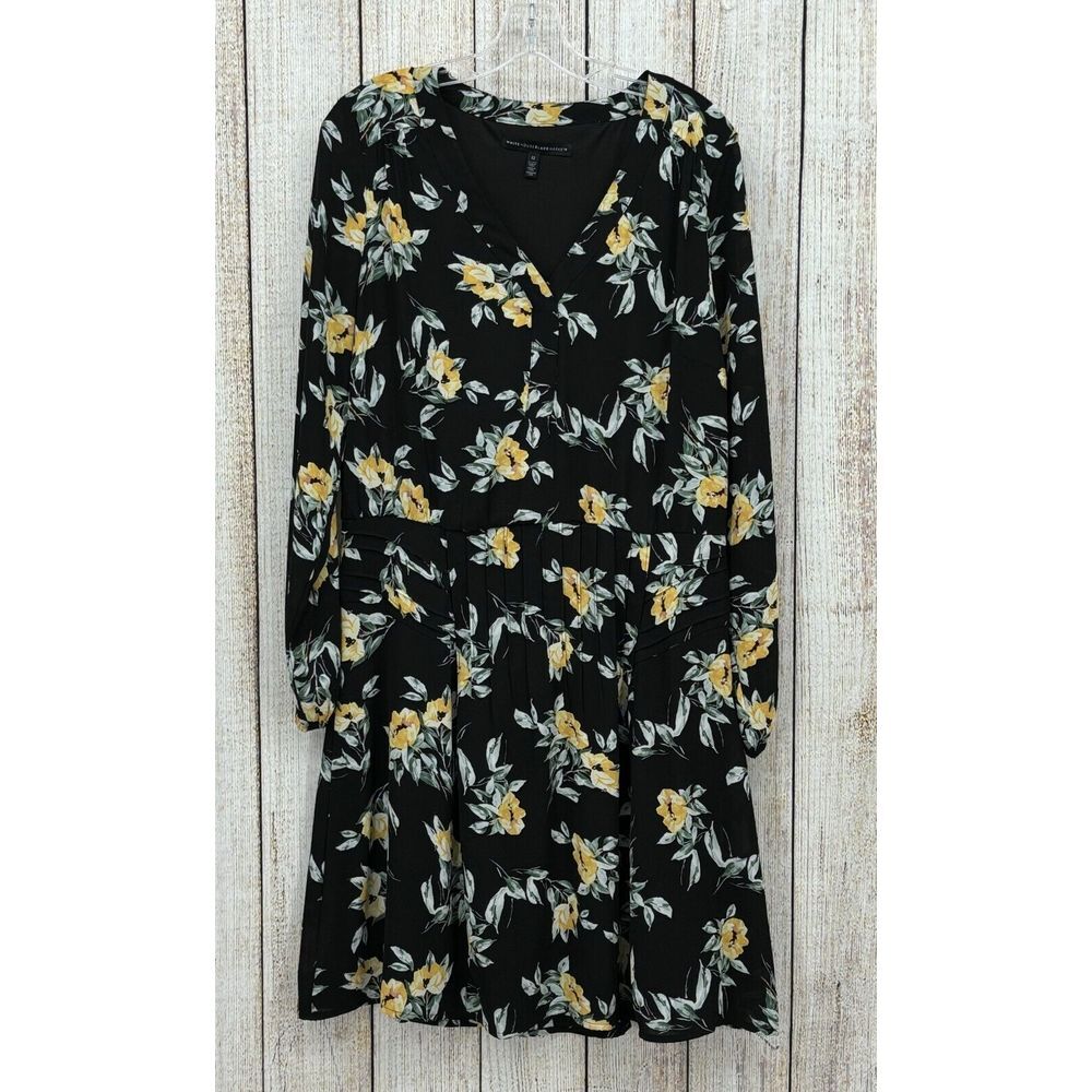 White House Black Market‎ Dress Size 12 Black Yellow Floral Midi Long Sleeve